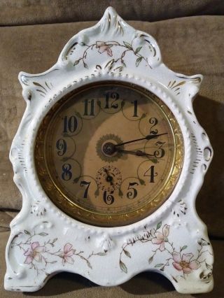 Unique Antique Clock Wm L Gilbert White Porcelain Floral Approx 7 " X6 "