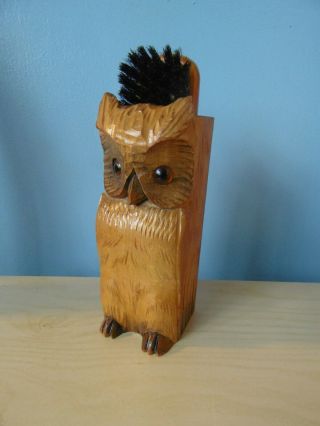 Vintage Black Forest Carved Wooden Owl Clothes Brush Holder & Brush