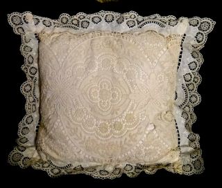 French Schiffli Lace Boudoir Pillow,  Hand Crafted,  Lace Attached To Pillow,  Vntg