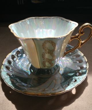 Vintage Enesco Japan Footed Lusterware Cup & Saucer - Light Green & White