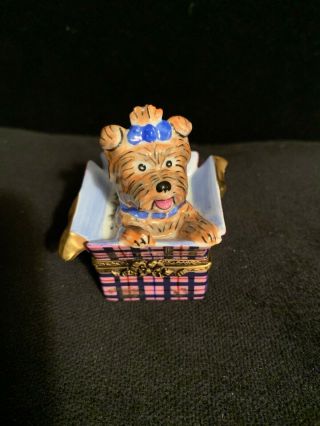 Limoges Peint Main Rochard France Yorkshire Terrier Trinket Box Adorable