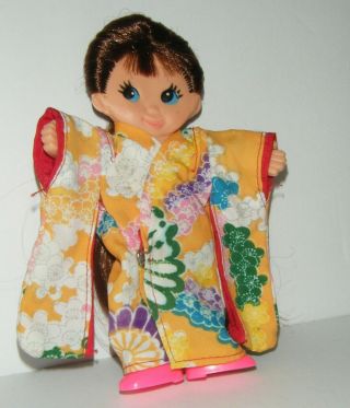 Vintage Ideal 5 " Flatsy Doll 1969 Brunette With Kimono & Pink Shoes Soft Hair
