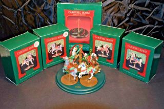 Hallmark Set Of 4 Carousel Horse Ornaments W/boxes 1989 Display Stand Iob
