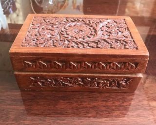 Vintage Carved Wood Jewelry Box Floral Trinket Hinged Wooden - India