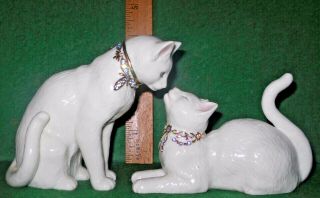 2 Lenox White China Cat Awake To A Kiss Figurines Gold & Jeweled Crystal Collars
