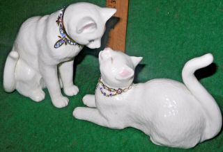 2 Lenox White China Cat Awake to a Kiss Figurines Gold & Jeweled Crystal Collars 2