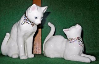 2 Lenox White China Cat Awake to a Kiss Figurines Gold & Jeweled Crystal Collars 7