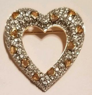 Swarovski Swan Logo Clear Crystal Open Heart Gold Tone Heart Accents Brooch Pin