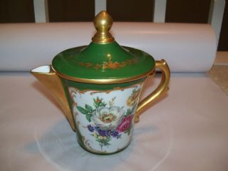 Antique Green Pate De Limoges Couleuvre France Tea Pot W/ Lid Hand Painted