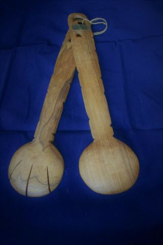 Vintage Zimbabwe Hand Carved Wooden Round Spoon & Fork Salad Set Made In Africa