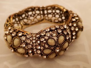 Vintage Huge Chunky Antique Gold Filigree Bangle Bracelet W Sparkly Rhinestones