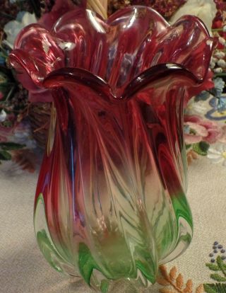 Cranberry Pink & Green Swirl Blown Glass Vase 7 1/4 " High