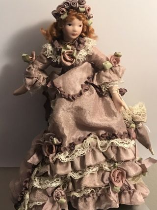 Dollhouse Miniature Victorian Lady Doll In A Mauve Satin Dress With Matching Ha