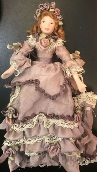 Dollhouse Miniature Victorian Lady Doll in a Mauve Satin Dress with Matching Ha 2