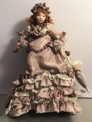 Dollhouse Miniature Victorian Lady Doll in a Mauve Satin Dress with Matching Ha 4