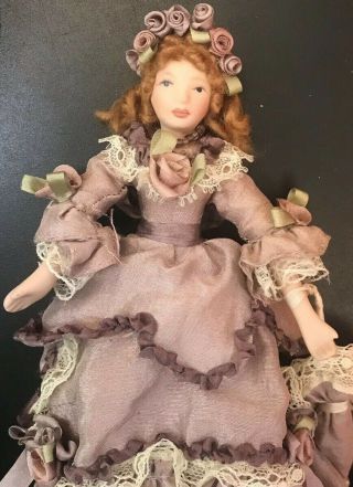 Dollhouse Miniature Victorian Lady Doll in a Mauve Satin Dress with Matching Ha 5