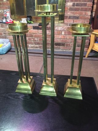 Set Of 3 Large Heavy Solid Brass Modern Style Pricket Candlestick Holders