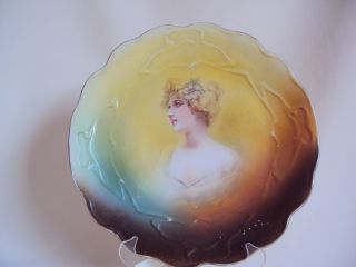 Vintage Hand Painted Woman Figure Gold Trimmed Plate Signed 10 " Diameter