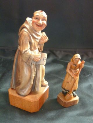 X2 Vintage Anri Carved Wooden Figures Monk W/ Beer Mug (l) & Woman W/ Broom (sm)