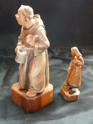 x2 Vintage ANRI Carved Wooden Figures Monk w/ Beer Mug (L) & Woman w/ Broom (Sm) 3