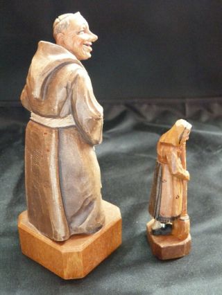 x2 Vintage ANRI Carved Wooden Figures Monk w/ Beer Mug (L) & Woman w/ Broom (Sm) 4