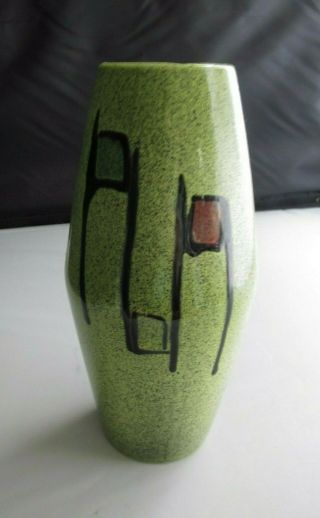 Mid - Century Vintage Olive Green Speckled W/ Geometric Design Ceramic Vase 8 - 3/8 "