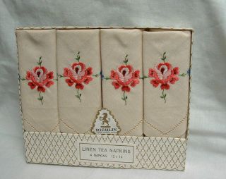 4 Vintage Art Deco Embroidered Rose Richlin Irish Linen Napkins Box