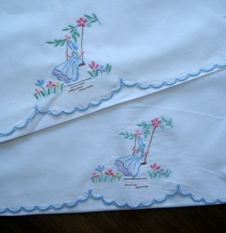 Vintage Pair White Linen Pillow Cases Embroidered Blue Crinoline Ladies On Swing