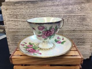 Vintage Enesco Japan Iridescent April Sweet Pea Tea Cup And Saucer Set