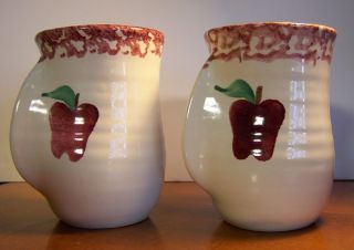 2 Neher Pottery 1996 Apple Handwarmer Coffee Tea Cups Mugs Cream,  Red