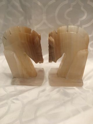 Carved Alabaster Mexican Onyx Stone Horse Head Bookends Vintage