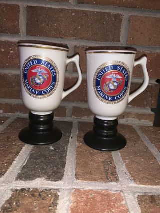 2 Vintage Usmc United States Us Marine Corps Pedestal Irish Coffee Mug Tea Cup