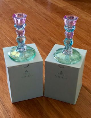 Partylite 2 Mardi Gras Taper Candle Holder 5” Glass Decorative Box Euc