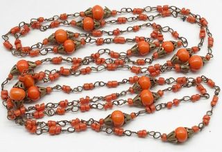 Antique Art Deco Orange Glass Czech Bead Flapper Long Guard Chain Necklace