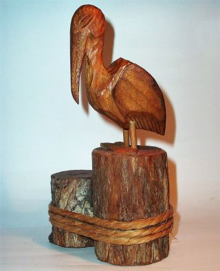 Old Pelican Bird Hand Carved Wood Art Sculpture Statue Figurine Vintage Antique