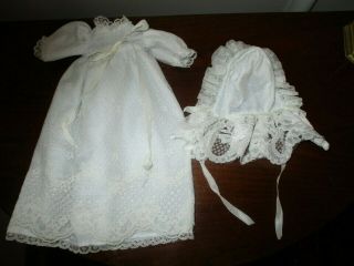 Vintage Long White Lace Doll Dress W/ Matching Victorian Style Bonnet - 9 "