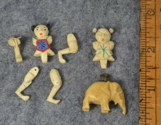 Antique Carved Bovine Miniature Elephant Male Female Figures Asian Repair Vg