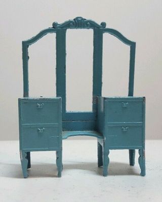 Vintage Tootsietoy Blue Metal Dollhouse Furniture Dressing Vanity Table Mirror