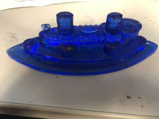 Antique Blue Glass Batttleship Ship Candy Dish Container Lid Top