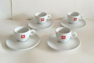 Set Of 4 Illy White Espresso Coffee Cups And Saucers With Red Logo Made In Italy