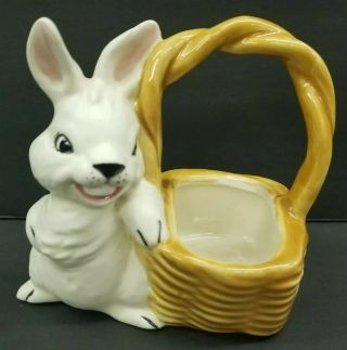 Vintage Ceramic Big Tooth Smiling Bunny Rabbit With Basket 5 " Easter Basket