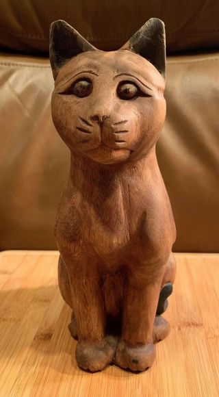 Large Heavy 9 " Vintage Antique Folk Art Carved Wood Cat Sculpture Figurine