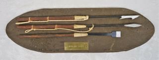 Vintage Miniature Carved Whaling Tools On Wooden Display Plaque