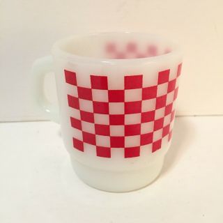 Red Checkerboard Fire King Anchor Hocking Mug Milk Glass Coffee Tea Vtg Diner