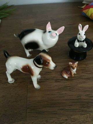 4 Vintage Hagen Renaker Miniatures Pig,  Jack Russell,  Fox,  Rabbit In Top Hat