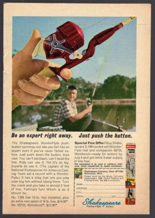 1965 Shakespeare Fishing Reel Ad Wonderflyte Push Button Kalamazoo,  Michigan