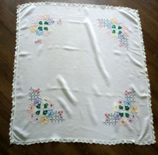 Vintage Hand Embroidered Garden Flowers Lace Edge Tablecloth 3