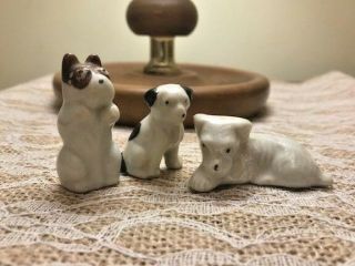 Vtg Bone China Porcelain Miniature Puppy Dog White Black Mini Old Japan Set