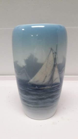 Royal Copenhagen Blue & White Vase Sailboat In Ocean