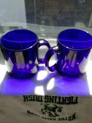 2 Vintage Cobalt Blue Heavy Glass Mugs 10 Oz.  Coffee Tea Cups Mugs Made In Usa